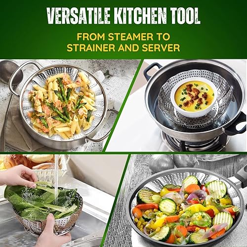 Miniatura 7 de Flexzion Cesta vaporera de verduras para olla Cesta de vapor de acero inoxidable para verduras, pescado, carnes, huevos Cesta de vapor plegable