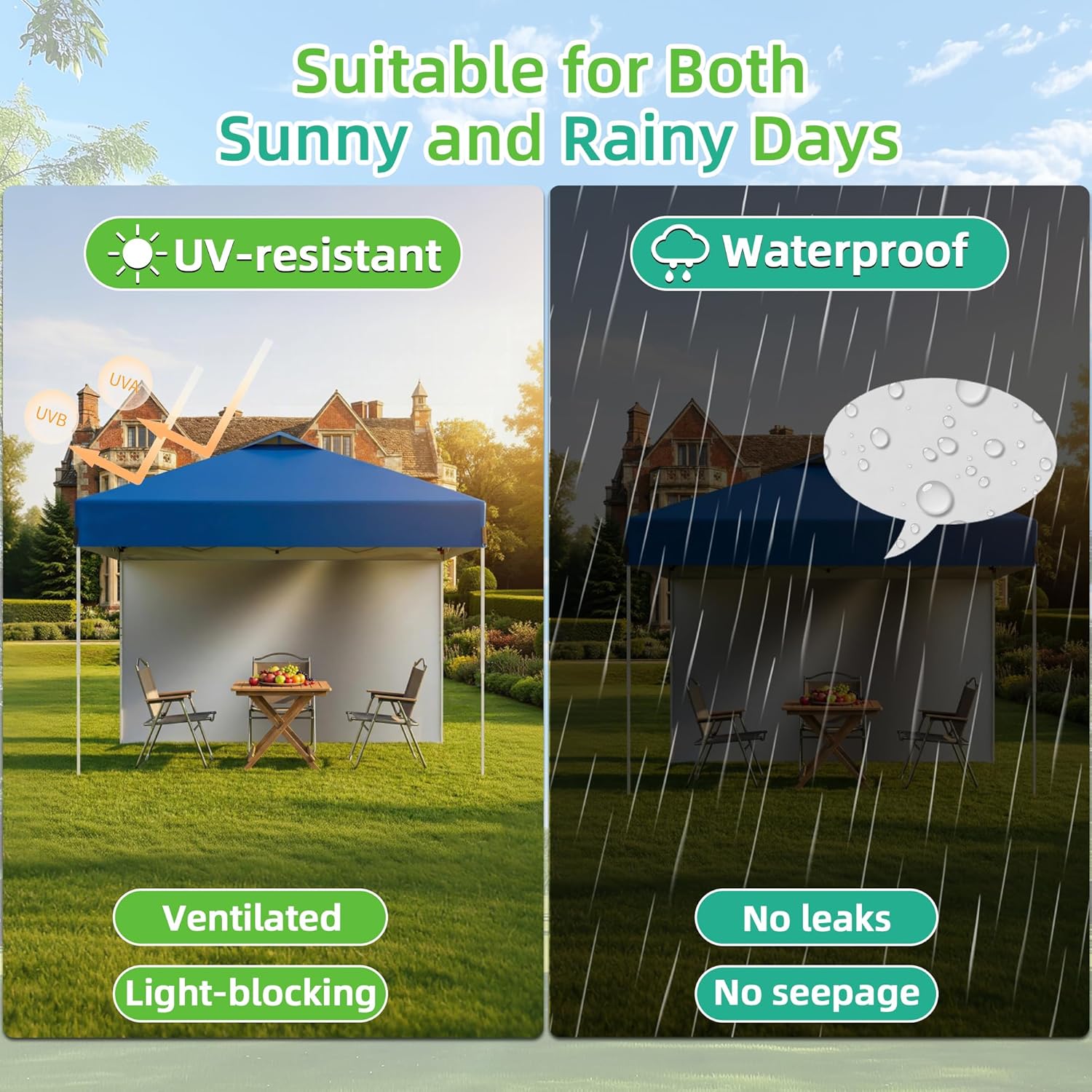 10X10FT Blue Pop Up Canopy Tent with 1 Sidewalls & Roller Carrybag for Sun Shade and Waterproof, Outdoor Adjustable Height Instant Shelter Gazebo with Sandbags for Camping, Patio, Backyard, Events