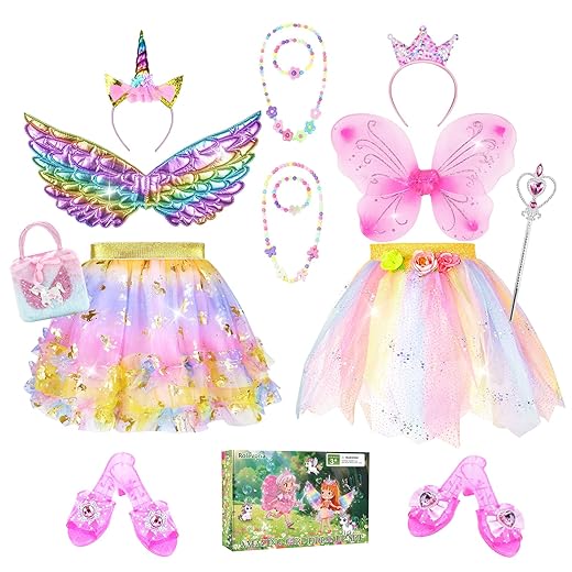 Princess Dress Up Unicorn & Fairy Costume for Girls, Toddler Tutu Set with Wings, Shoes, Jewelry, Headband, Pretend Play Fairy Toys for Girls Ages 3 4 5 Christmas Birthday Gift
