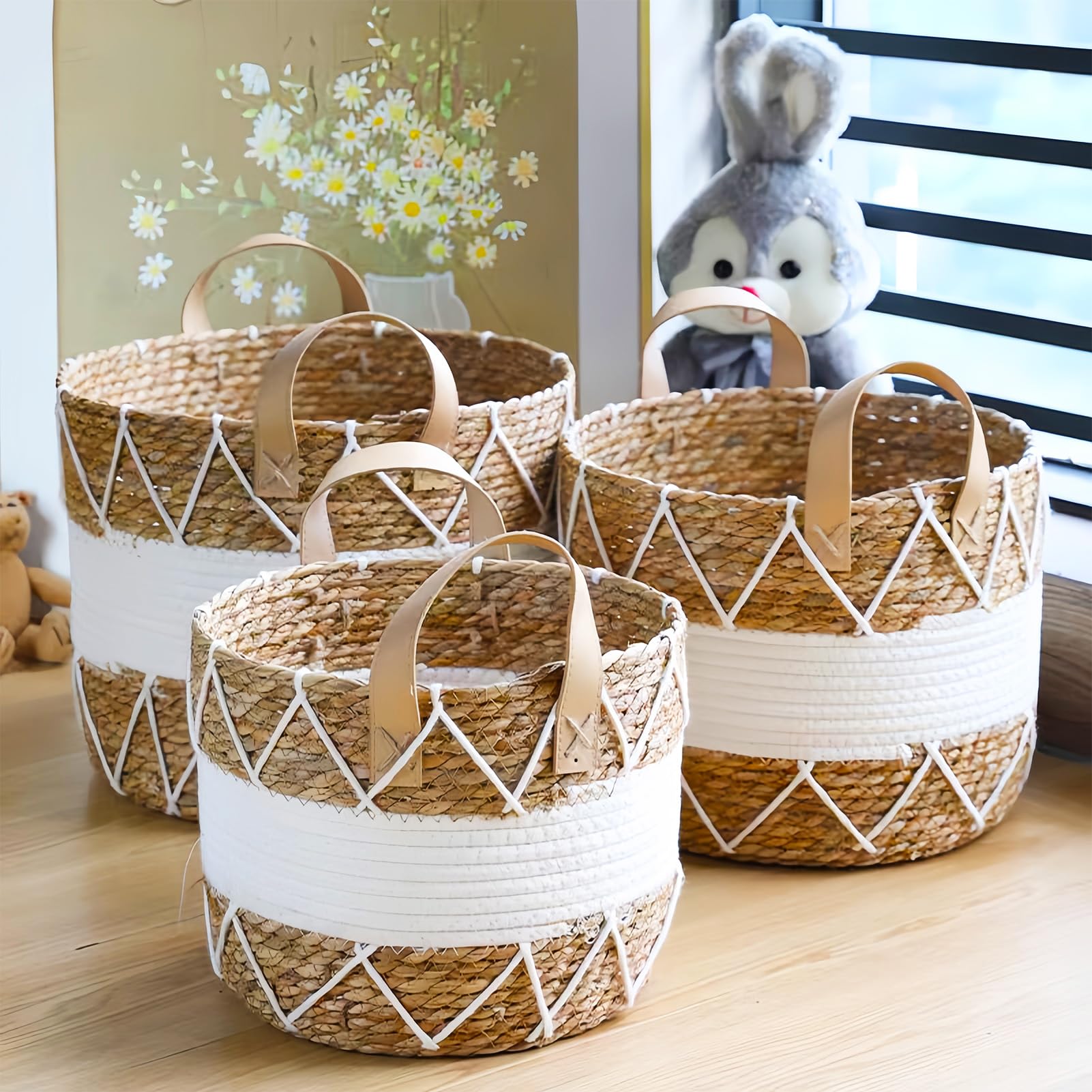 3-częściowy zestaw koszy na rośliny, trawa morska, doniczka ozdobna w stylu boho, średnica 18 cm, 22 cm i 25 cm