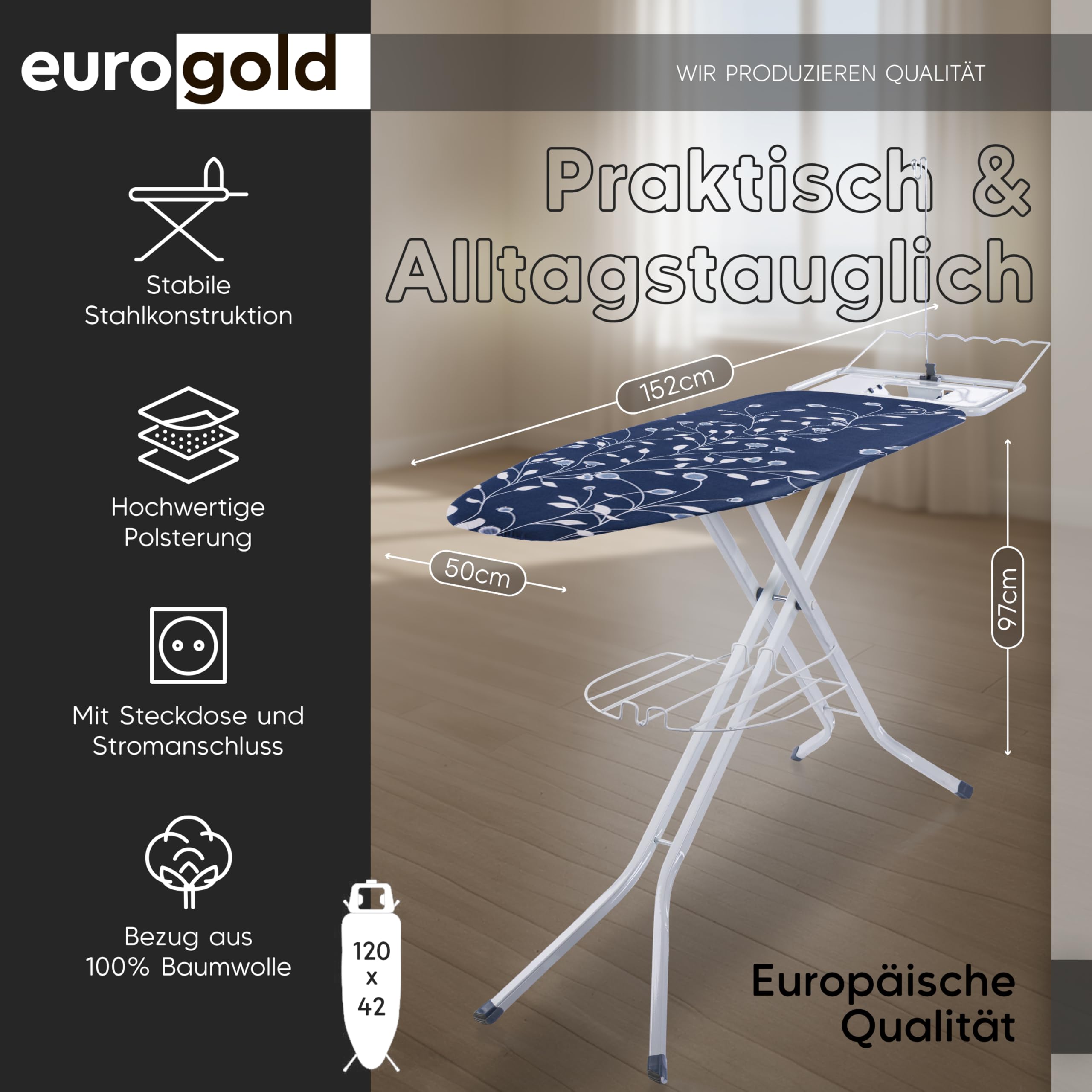 EUROGOLD Bügelbrett für Dampfbügelstation 120x42 cm – XL Bügelbrett breit & stabil, höhenverstellbar, Bügelbrett mit Steckdose, klappbar, Baumwollbezug Oeko-TEX, Bügelstation mit Ablage (Melody)
