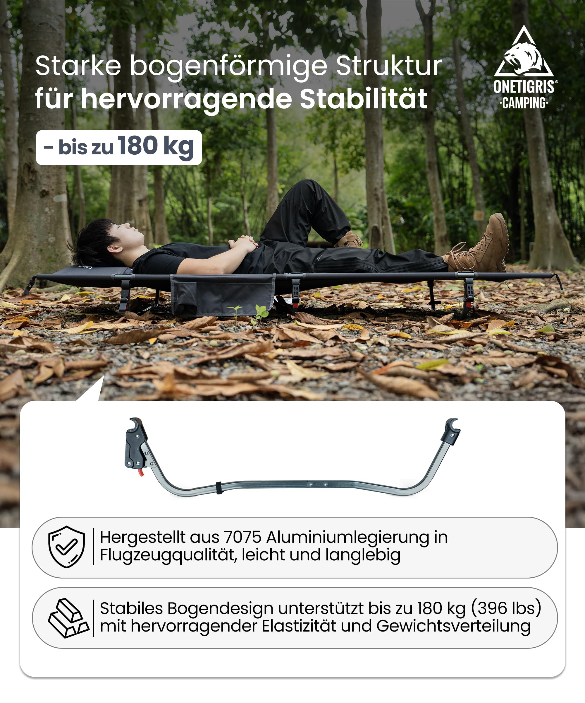OneTigris SUPRAGRIS lettino da campeggio pieghevole, portatile, pieghevole, leggero, pieghevole, fino a 180 kg, per tenda, attività all'aperto, viaggi, giardino, ufficio (190 × 70 × 18 cm)