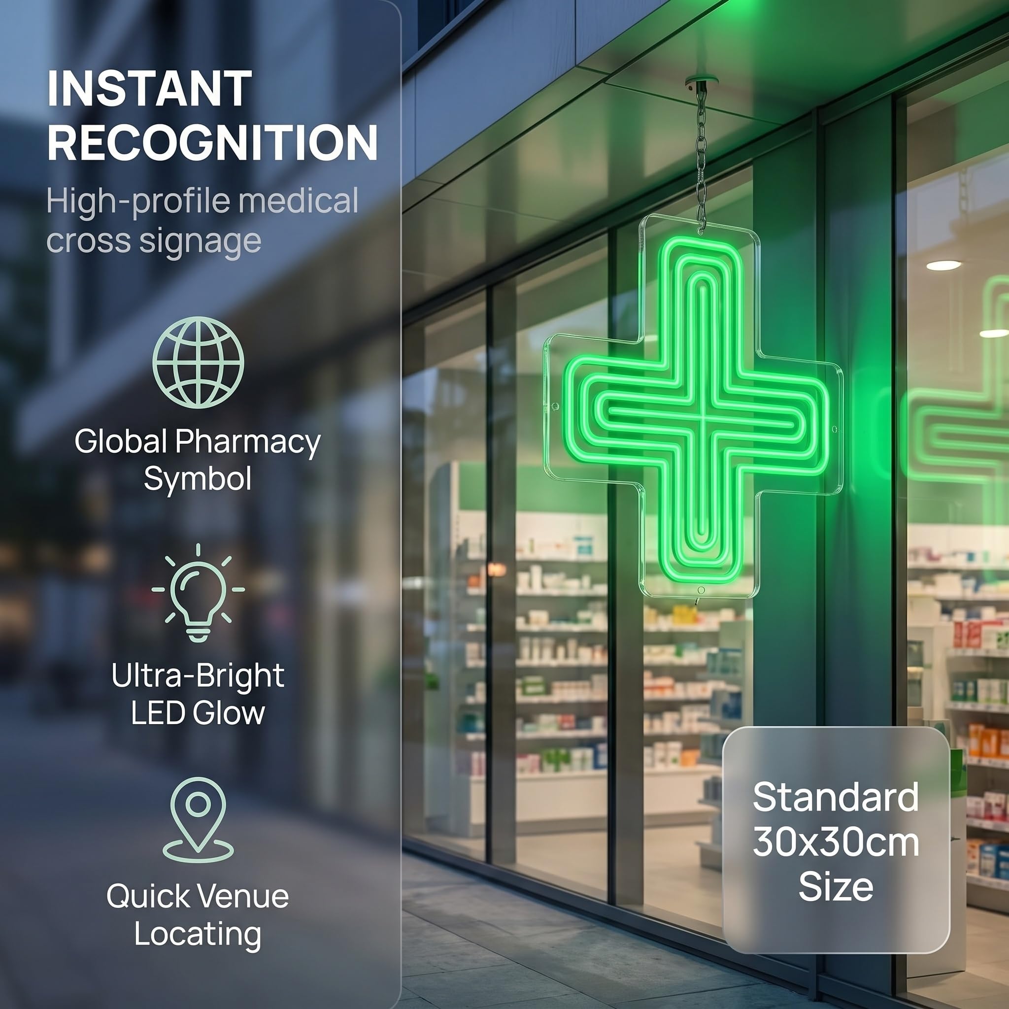 Letrero Led En Forma De Cruz para Uso Médico, 11,8 X 11,8 Pulgadas, Lámpara para Farmacia, 2 Modos De Funcionamiento (Siempre Encendido/Apagado), con Cadena para Colgar, Color Verde, para