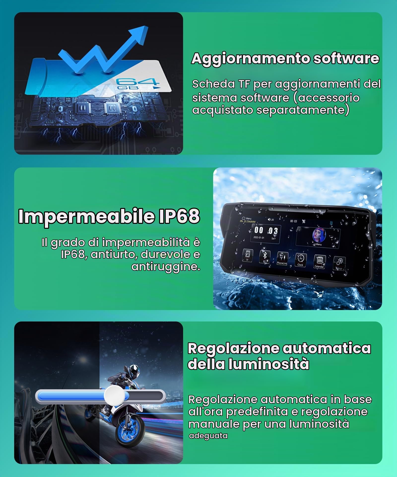 VECHTEL Navigatore Moto Carplay Android Auto senza Fili, 6.86 Pollice HD Touchscreen Navigazione per moto con Impermeabile IP68, EQ, Bluetooth, Assistente Siri/Goo-gle, TPMS