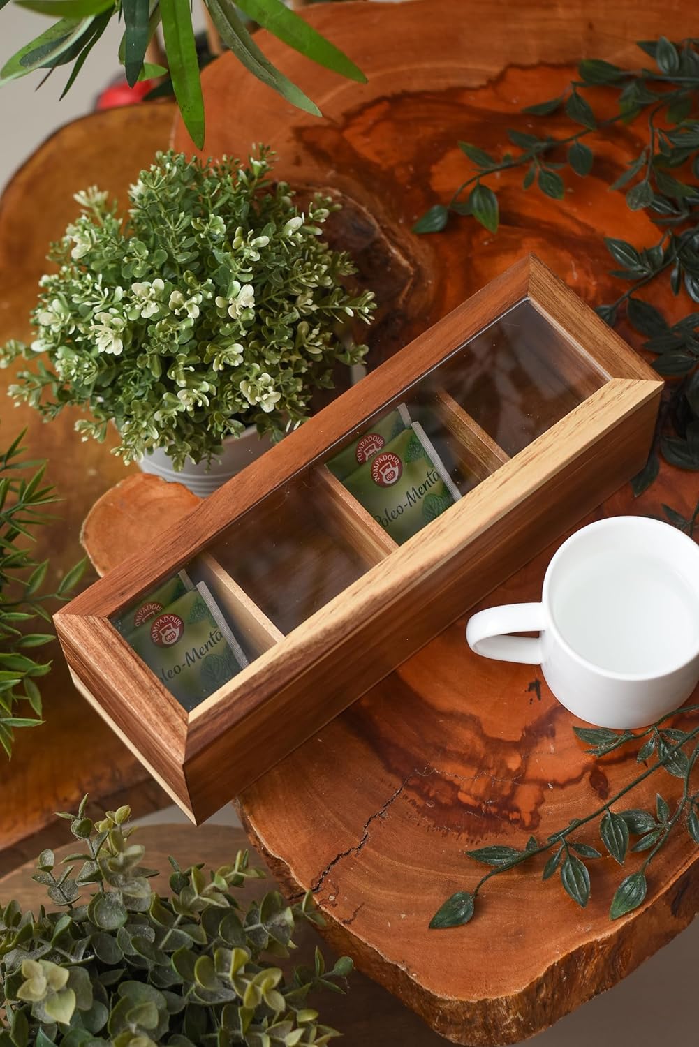 Acacia Wood and Bamboo Tea Bag Organizer - 4 & 8 Compartment Tea Box for Countertop - Tea Station & Coffee Bar Accessories - Fits Large & Craft Tea Bags (Wood, 4 Compartment)