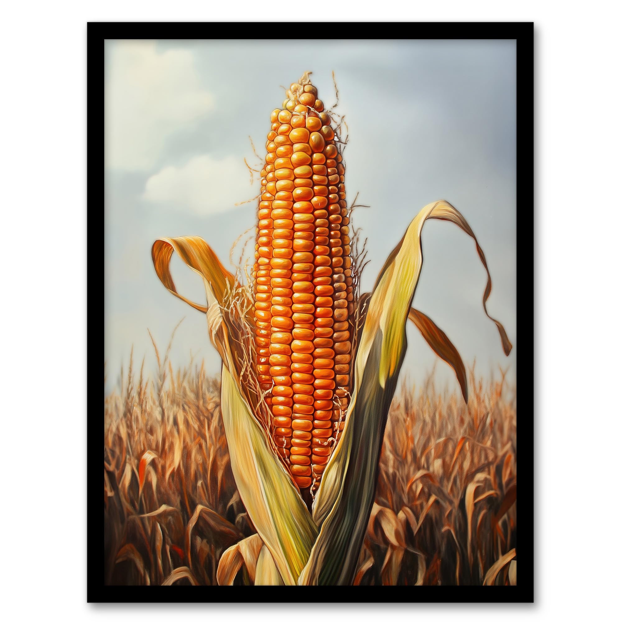Artery8 Corn With Open Husk Field in Summer Painting Kitchen Artwork Framed Wall Art Print A4