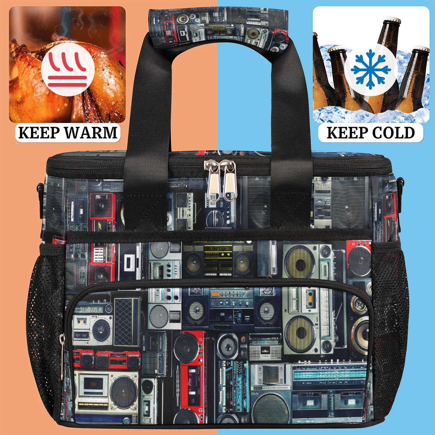 Vintage of Radio Boombox Große Lunchtasche für Erwachsene, Männer, Frauen, Kinder, Mädchen, Jungen, Radio-Druck, isolierte Lunchbox, Kühltasche, Kühltasche, Kühltasche, Kühltasche, Kühltasche, für