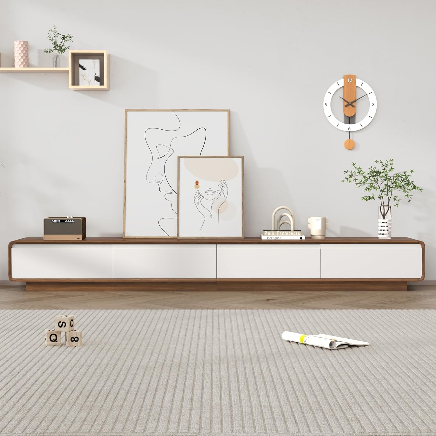 chartustriable Minimalist Floating TV Stand for TVs up to 100 Inches, 94.5" Midcentury Modern Wall Mounted Media Console with 2 Drawers, Entertainment Center for Living Room, White & Walnut