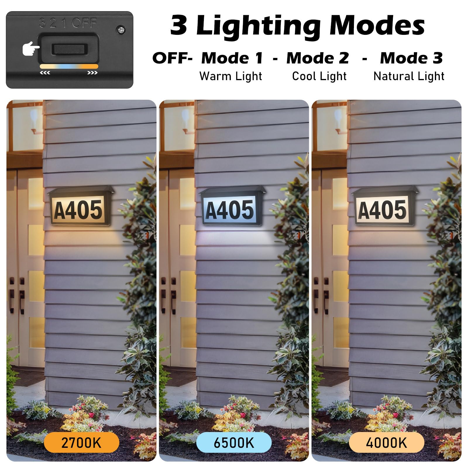 Solar-Hausnummern, Adressschild, Solar-Adressschild für draußen, IP65 wasserdicht, 3 Farben, Temperaturen, LED-beleuchtete Hausnummern, Wandmontage und Boden-Adressnummern für Haus