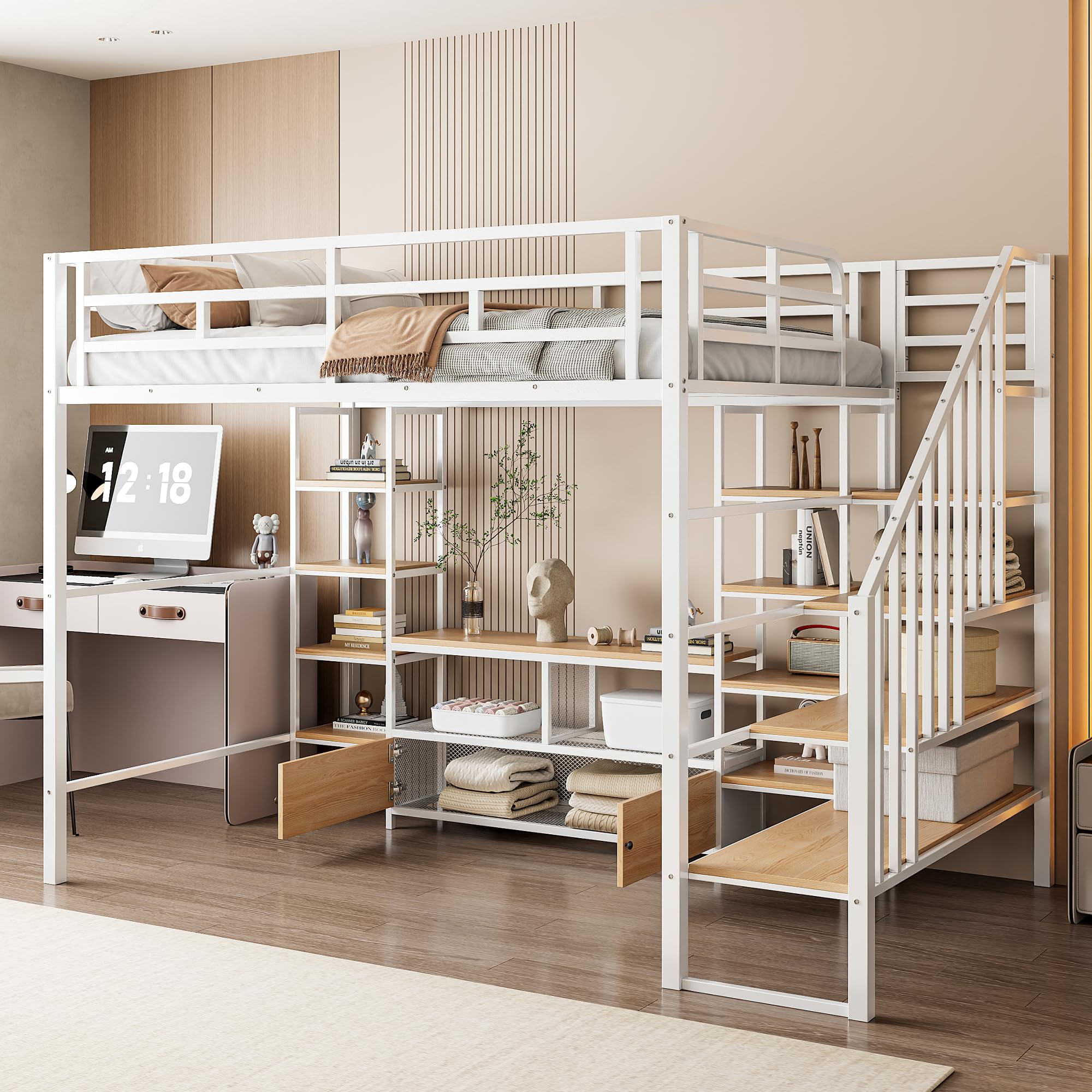 Luckiofvonne Full Size Loft Bed with Stairs and Desk, Metal Loft Bed Frame with Storage Bookcase and Low Desk Cabinet, Heavy-Duty Loft Bed for Adults Teens and Kids, White