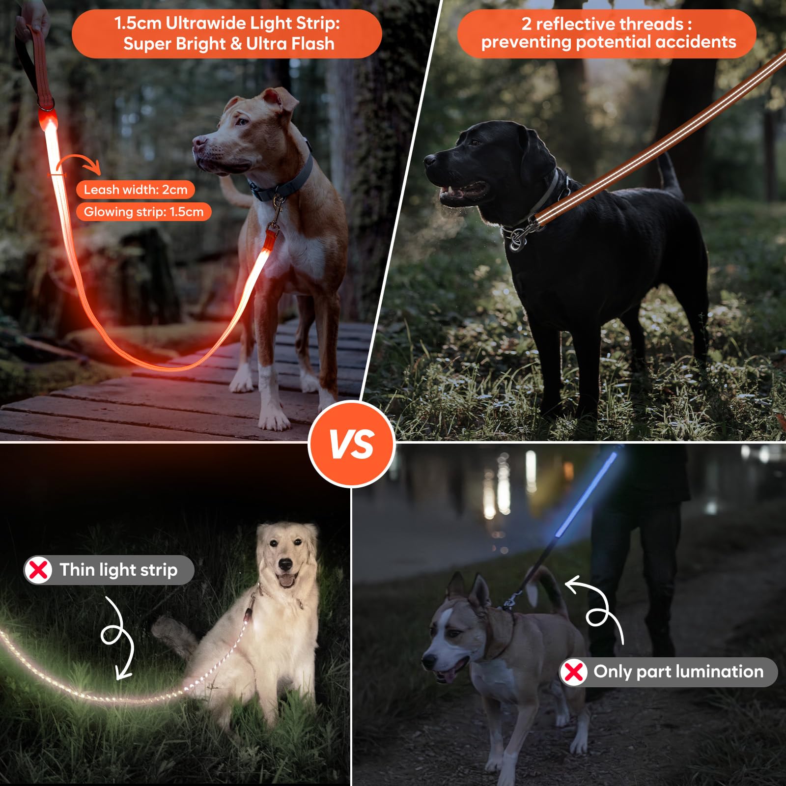 Correa LED para perro, correa de perro iluminada de 4 pies, recargable por USB, impermeable, correas reflectantes de nailon con mango acolchado para perros, luz nocturna para caminar, seguridad que