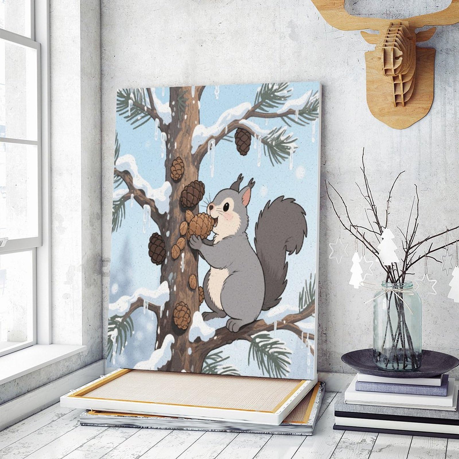 KOAYUBFC Eichhörnchen zum Aufbewahren von Tannenzapfen, Malen-nach-Zahlen-Set für Erwachsene, Anfänger, Erwachsene, Malen-nach-Zahlen-Kits auf Leinwand, DIY-Acryl-Ölfarben, Malerei mit Pinseln für