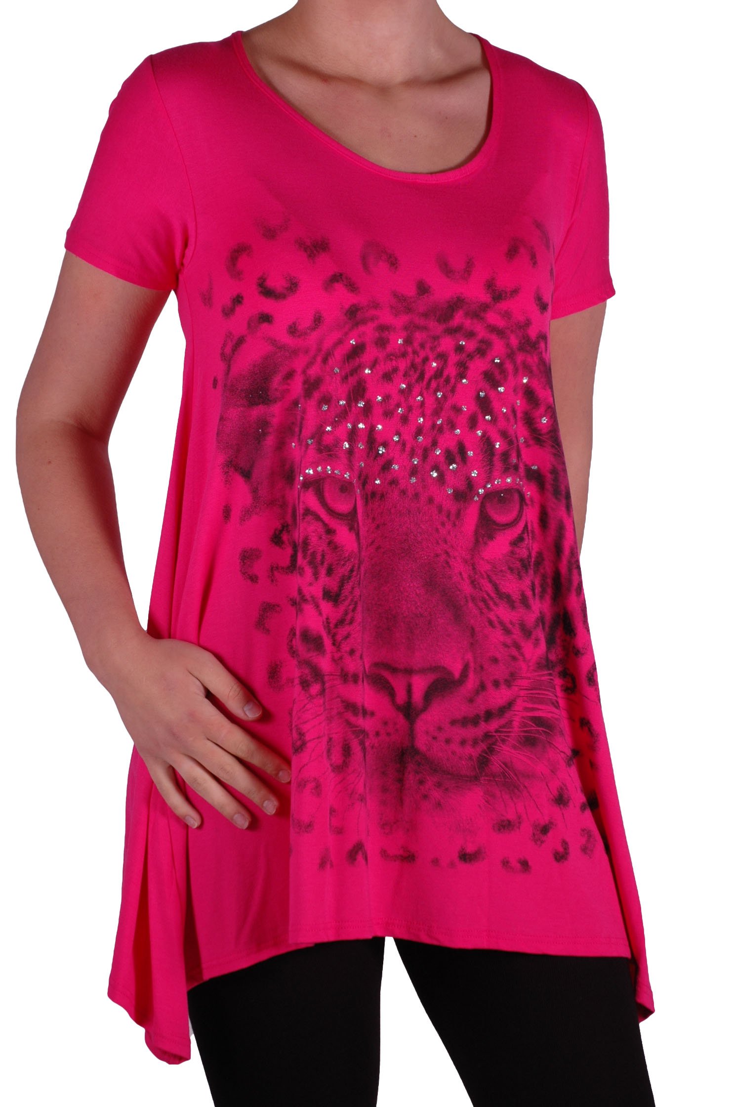 Eye Catch Women's Fushia Eyecatch Plus - Graphic Tiger Long Draped Sparkle Short Sleeve Stretch Top - Comfortable And Adjustable - Sizes 14-28