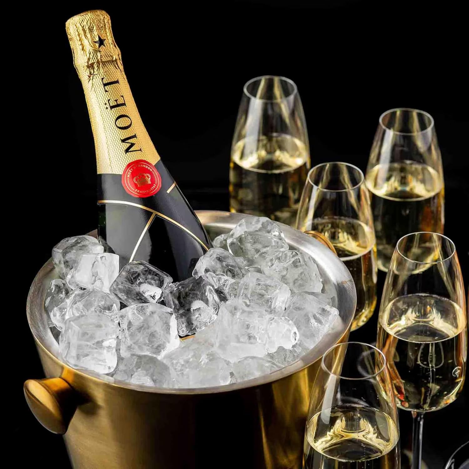 TableCraft 12931 Double Wall Wine Bucket with Knob Handles, 5 Quart Brushed Gold Stainless Steel Champagne Bucket, PVD Finish, Tapered Modern Design, Insulated Chilling Bucket for Bar or Tabletop