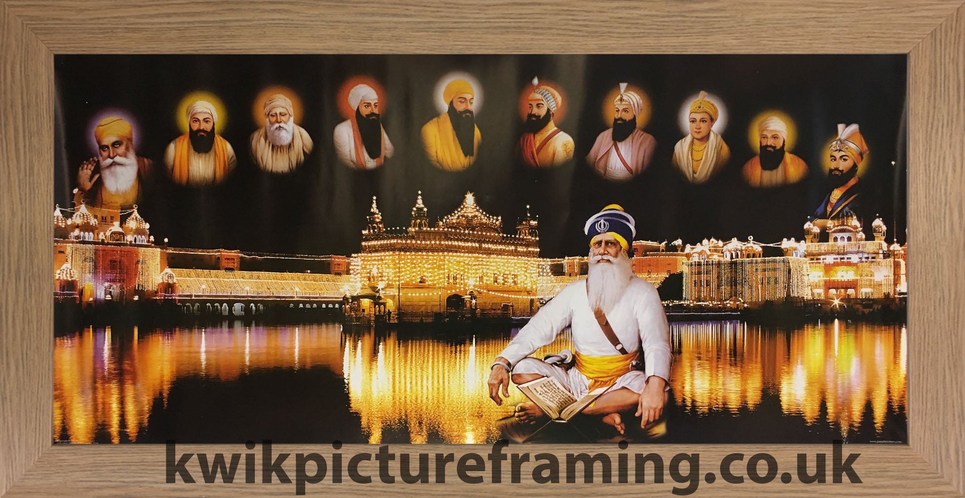 Kwik Picture Framing Ltd Oak Golden Temple Picture Frame Harmandir Sahib Amritsar With 10 Sikh Gurus | 28 X 13 Inch Religious Wall Art Display | Rectangular Wall Or Stand Mount Frame | Made In Uk