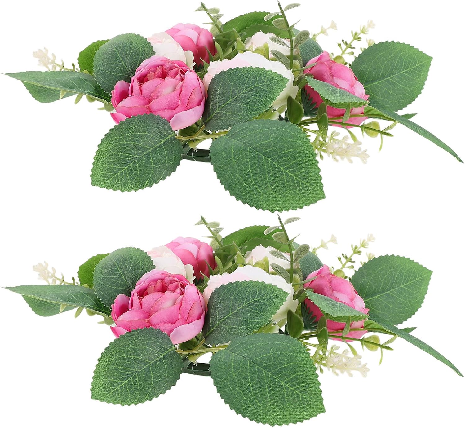 2pcs Faux Silk Peony Flower Wreath Candle Rings Spring Floral Garland Decorative Candleholder for Indoor Wedding Table Centerpiece Home Décor