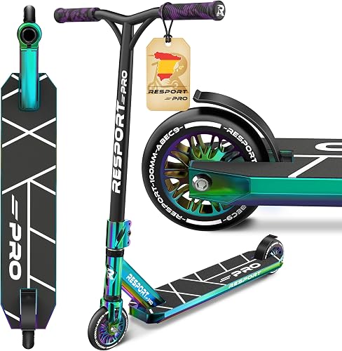 RE:SPORT Patinete de acrobacias Revo Pro para niños y adultos con soporte, patinete profesional de 110 mm, ruedas de poliuretano y barra en Y, patinete de acrobacias, patinete ABEC 9, rodamientos de