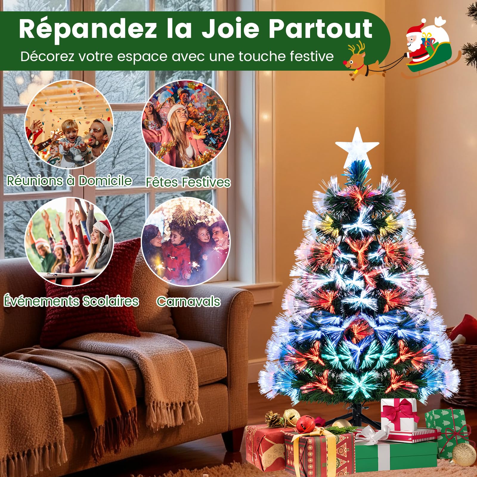 COSTWAY Sapin de Noël à Fibre Optique 95 CM, Sapin Artificiel Pré-éclairé avec 93 Branches, Étoile de Sommet & Pied Métallique Pliable, Arbre Lumineux pour Fêtes de Maison, Bureau, Carnaval