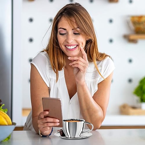 Miniatura 5 de Oggi Taza de café aislada de 12 onzas, platillo incluido, tecnología de acero inoxidable de doble pared, taza de café o té con elegante acabado de