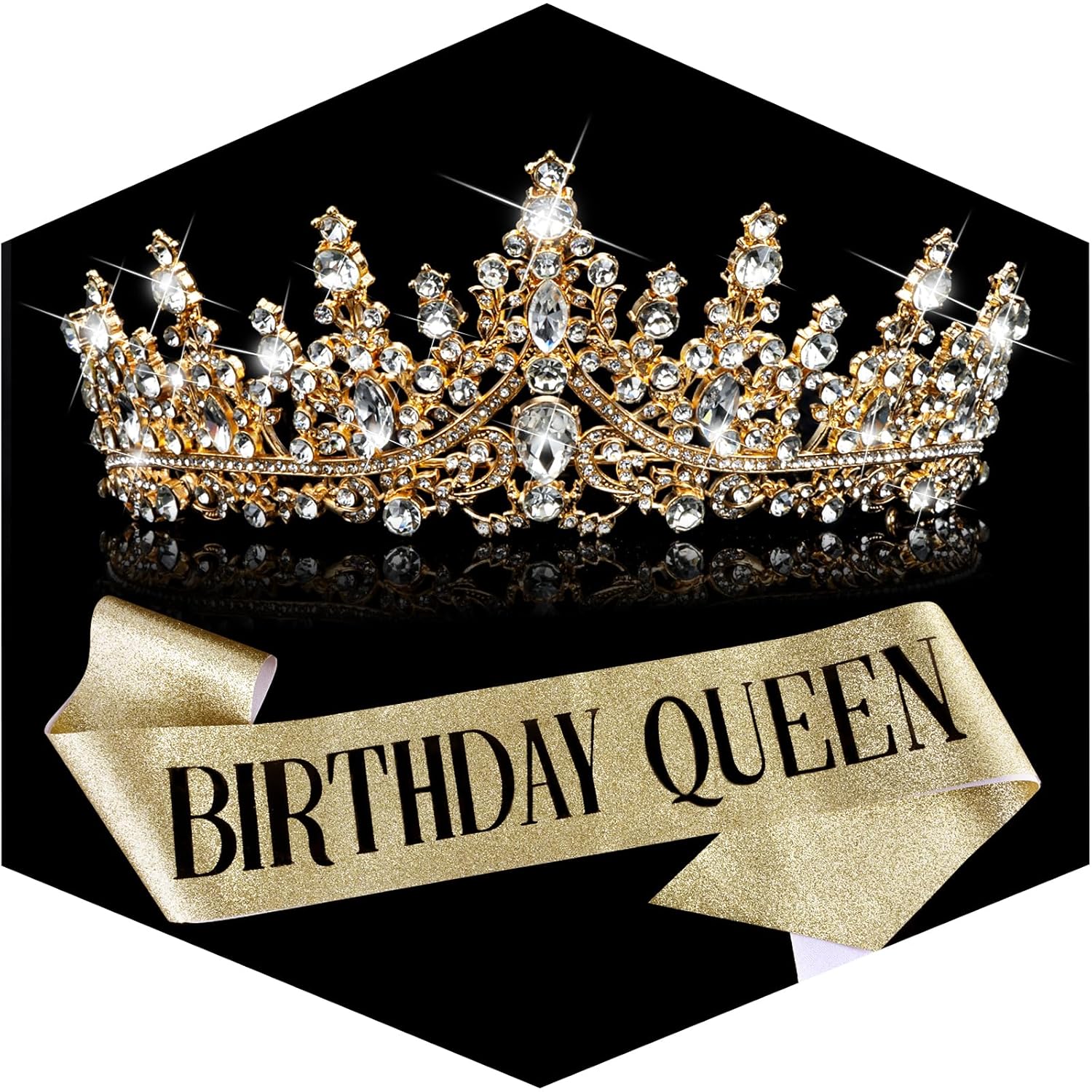 TOBATOBA Birthday Queen Sash and Crown for Women - Gold Rhinestone Tiara and Sash Set for Birthday Decorations Outfits for Women