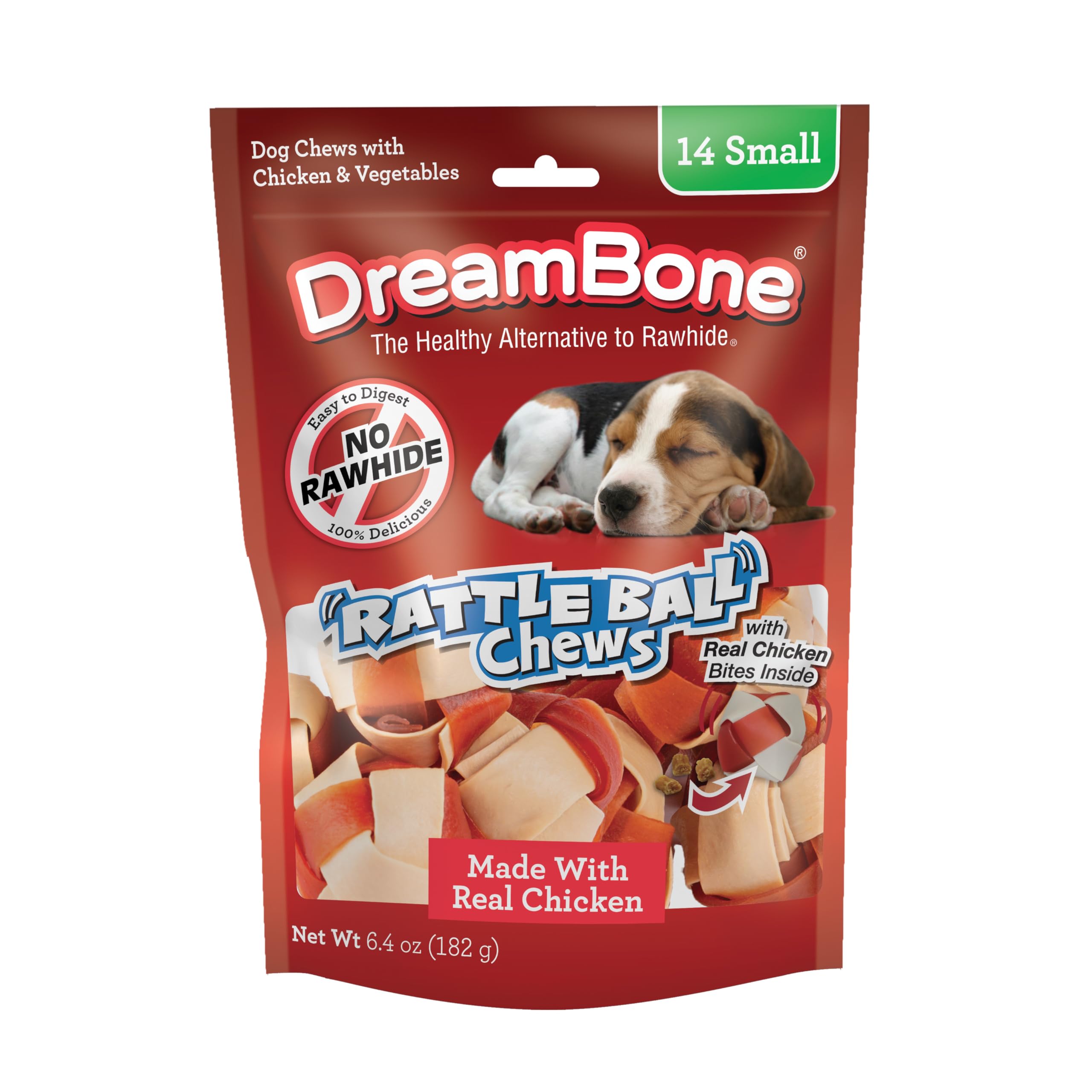 DreamBone RattleBall Chew Rawhide-Free Dog Treats, Real Protein, 14 Count | Daily Chew, Digests Safely and Completely, Made With Real Chicken and Veggies, For Adult Dogs