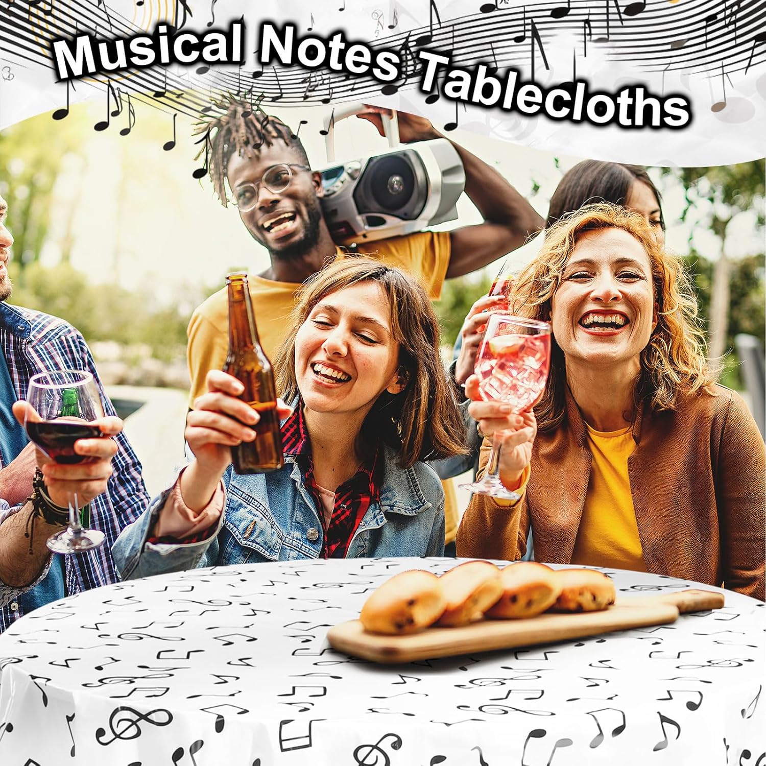 Oudain 6 Pcs Musical Notes Tablecovers Round 84 Inch Music Party Disposable Tablecloths Plastic Table Cover Music Themed Birthday Party Decoration Supplies (Note)