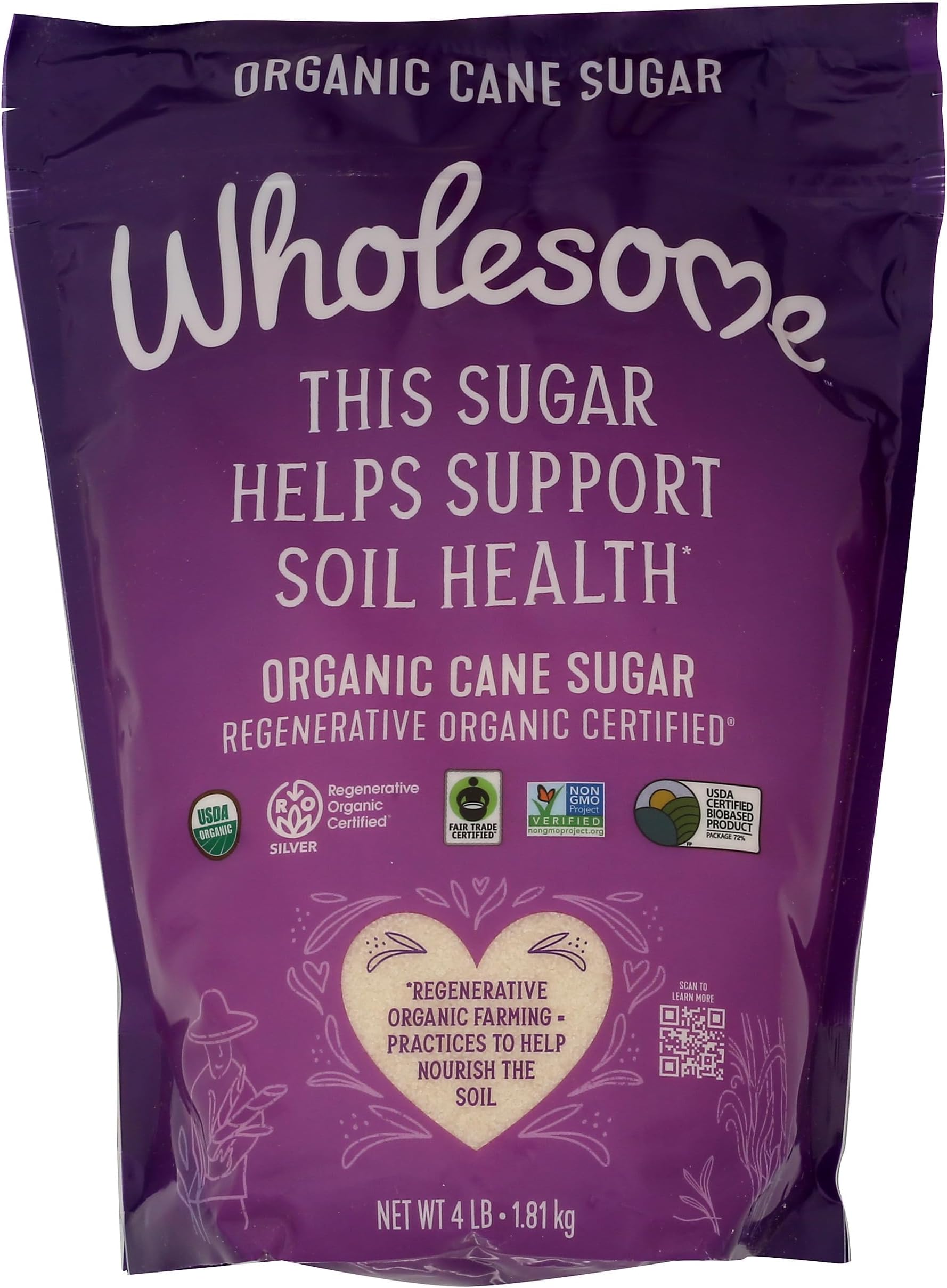 Wholesome Sweeteners 4-Pound Organic Cane Sugar, Fair Trade, Non GMO, Gluten Free & Vegan for Baking and Sweetening, 1 Pack