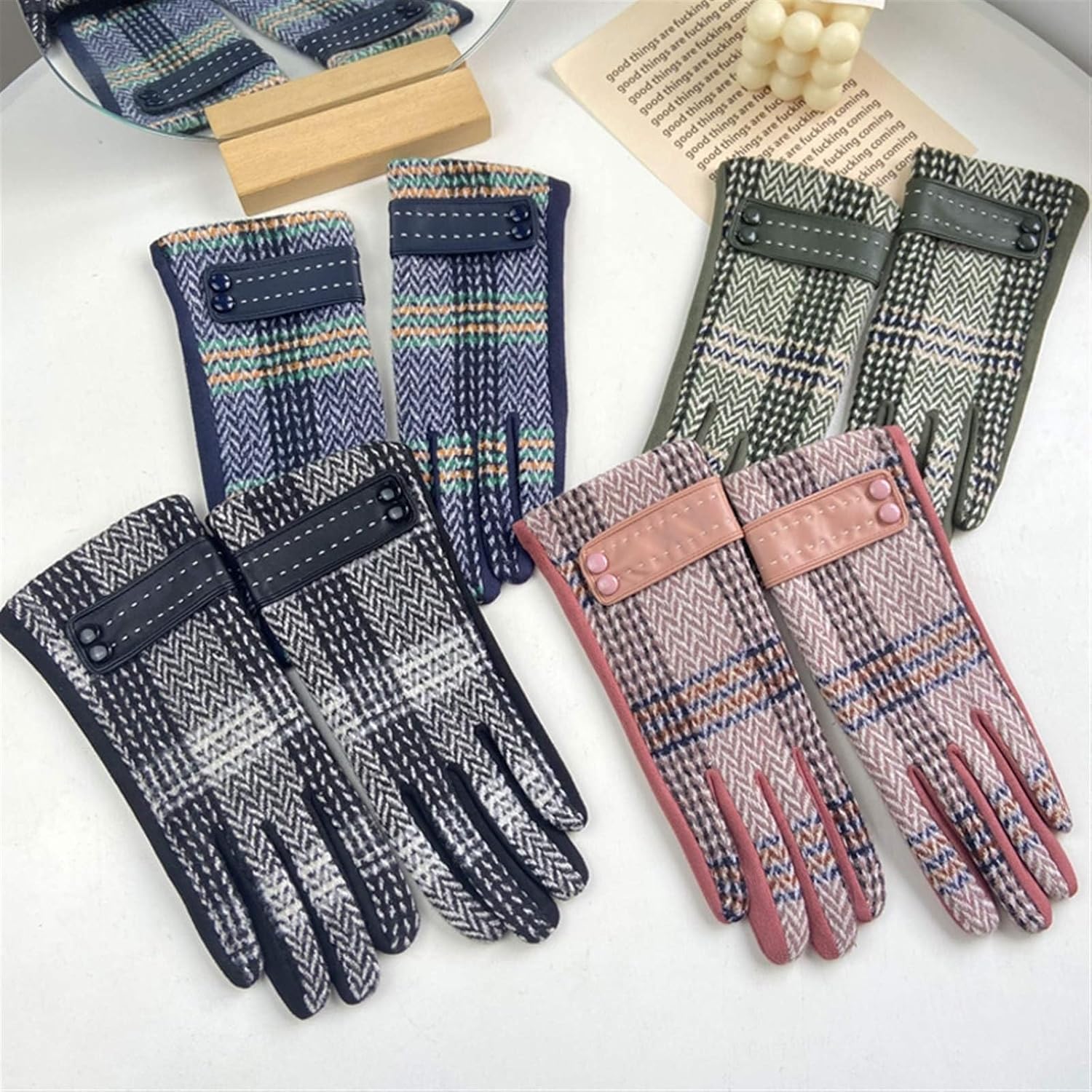 Women Plaid Striped Winter Gloves Touch Screen Fleece Thick Warm Mittens Cold Weather Driving Gloves - Image 5