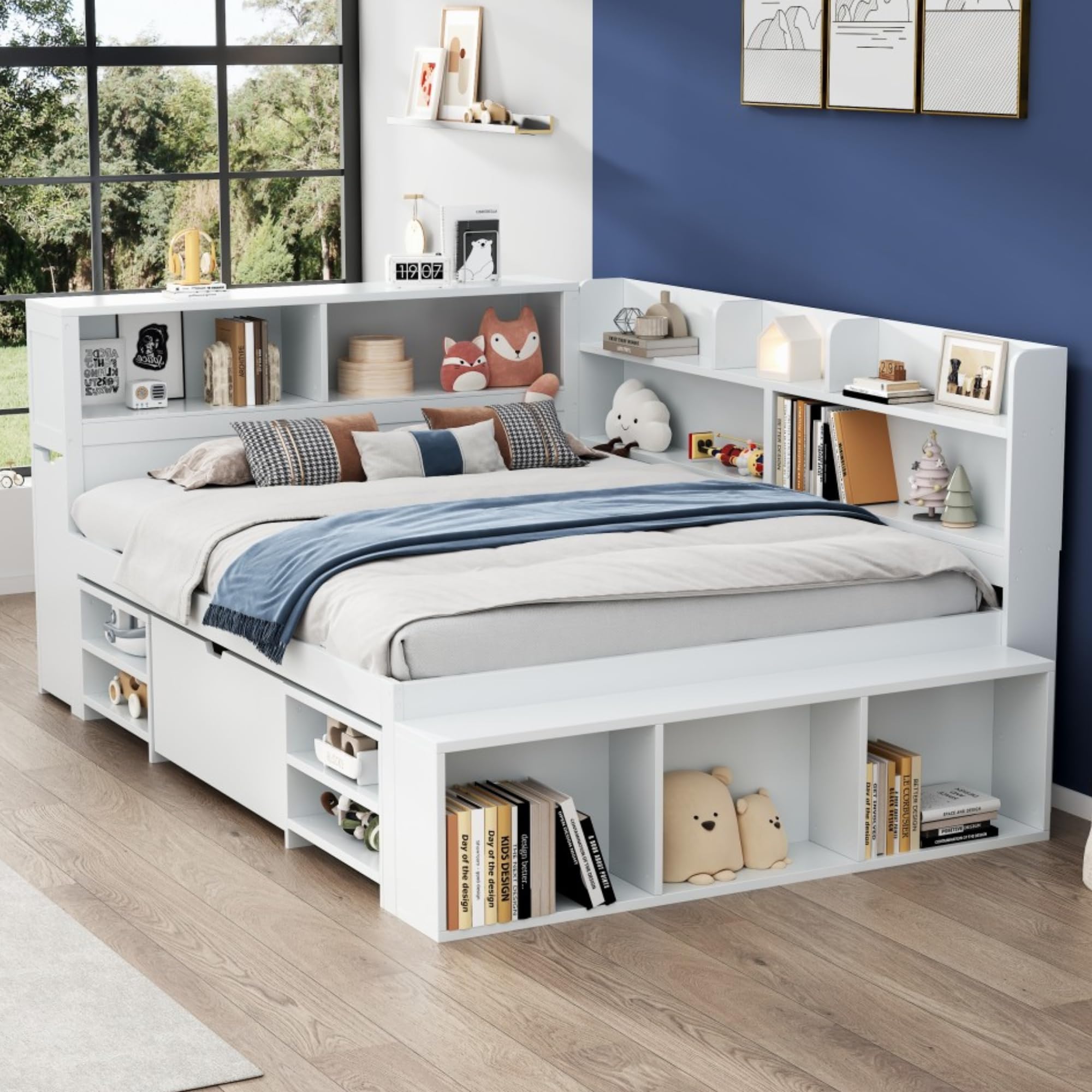 Lit Enfant 140x200 cm avec Rangement, Cadre de Lit Enfant Multifonctionnel avec Tiroirs, Bibliothèque Intégrée et Casier de Rangement, Structure en Métal avec Sommier à Lattes, Blanc