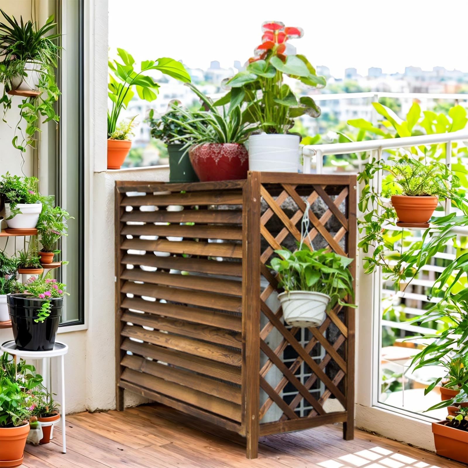 Klimaanlage Abdeckung Außengerät Holz Sichtschutzzaun Balkon Verkleidung Klimaanlage Außengerät Holz Blumenständer Für Draußen Wetterfest Schutzgitter Für Klimaanlagen Und Wärmepumpen(86x35x80cm)