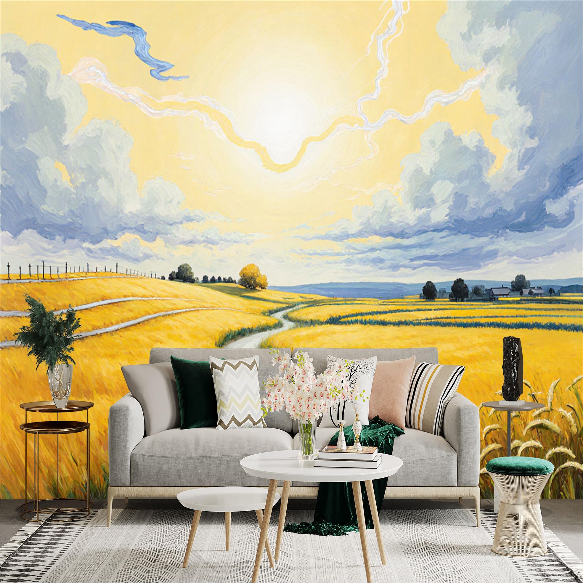 Lnzczhyre Xc260505383 Custom Size Wall Sticker Mural， Golden Wheat Field Under Radiant Sunlight， Winding Country Path， Serene Rural Landscape， Peaceful Nature Scenery， For Wall Decoration， Peelandstick Wall Decals.