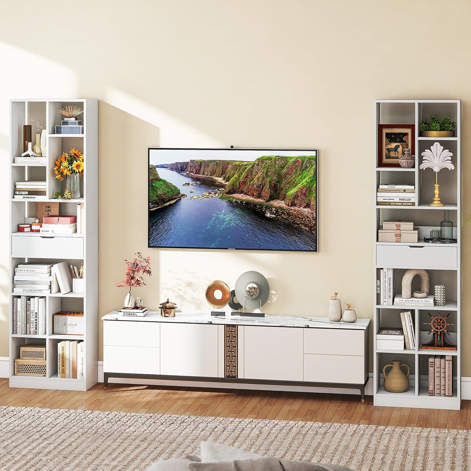Tangkula 71” Tall Bookcase with Drawer, Modern Bookshelf with 10 Open Cubes, Floor Standing Display Rack Storage Cabinet with Anti-Tipping Kits for Living Room, Study, Office (2, White)