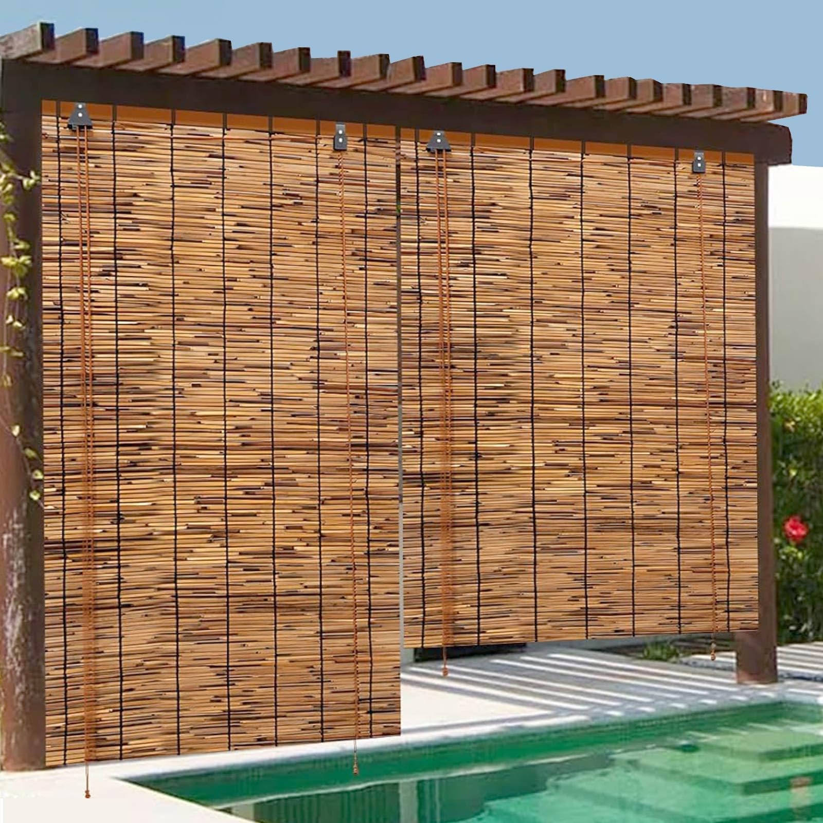 Store Bambou Extérieur pour Terrasse et Balcon, Store Enrouleur en Roseau Naturel, Brise Vue pour Pergola, Véranda et Jardin, Store Décoratif pour Fenêtres et Espaces Extérieurs(W150 x H260 cm)