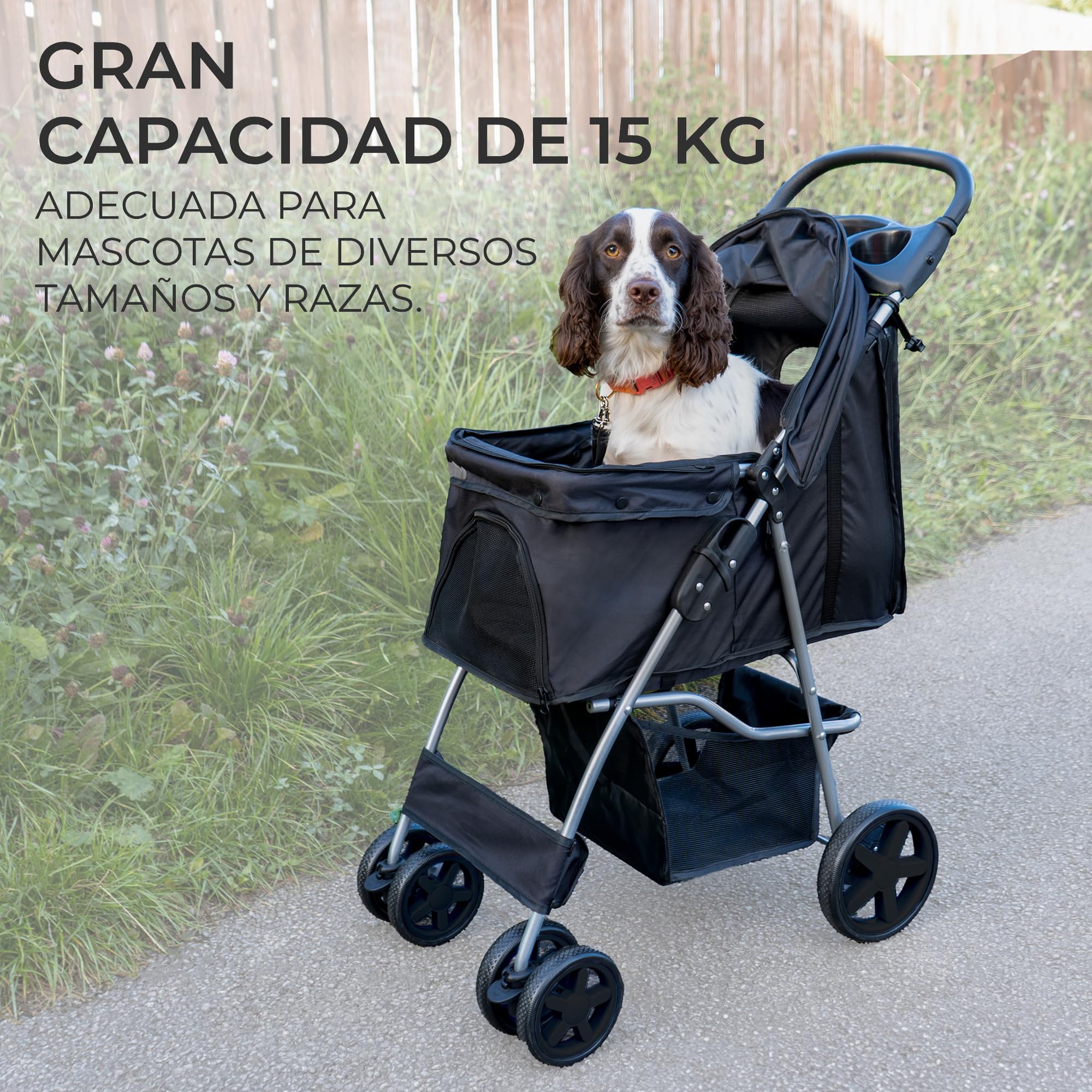 Cochecito Plegable para Mascotas NEGRO | Capacidad Carga 15kg | Correa de seguridad | Cesta Portavasos y Cubierta de lluvia GRATIS | Carrito de Viaje para Perros Gatos Pet Travel Stroller