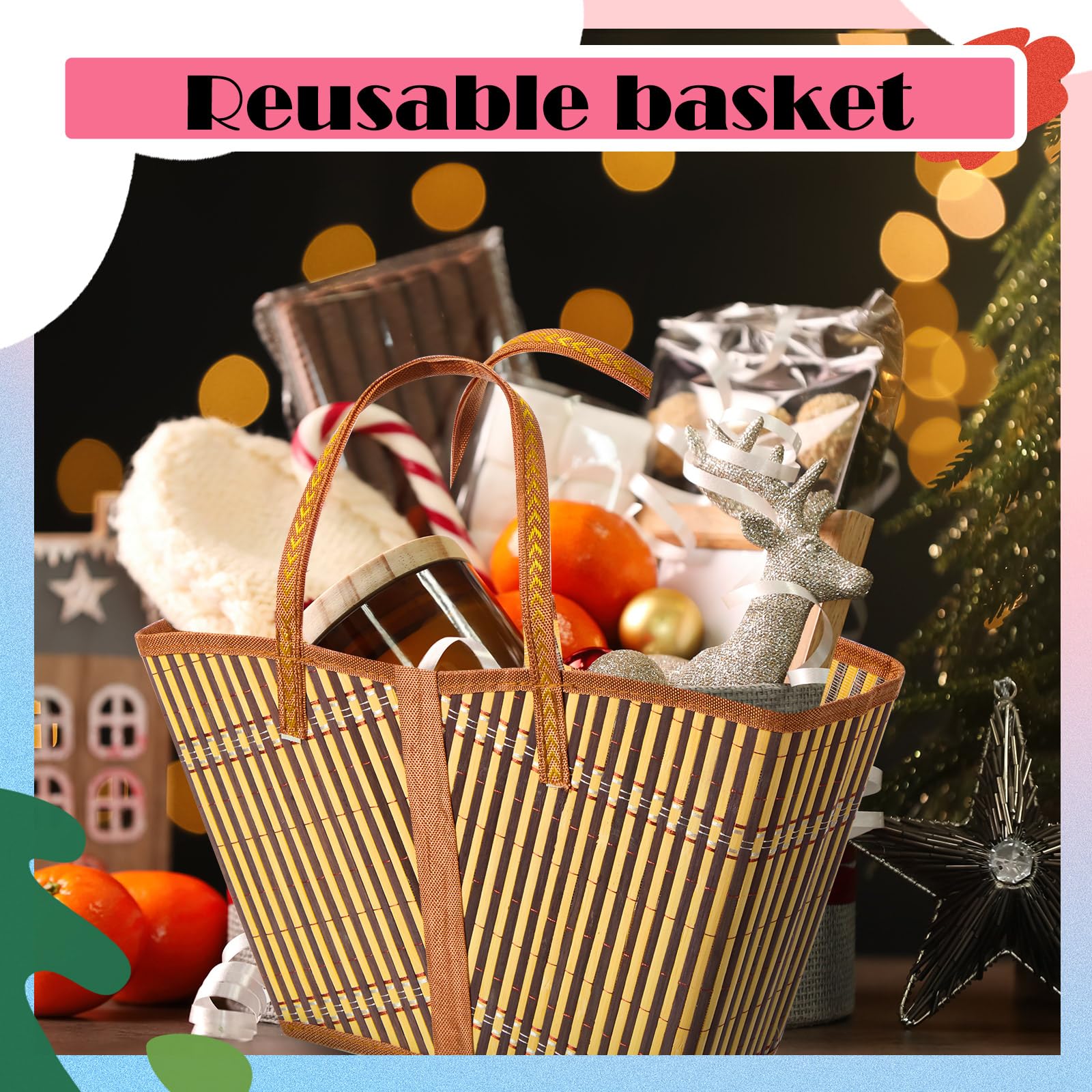 Quzzil Set di 6 cesti per regali vuoti, robusti e grandi, in bambù, con manico, con fiocco rosso da riempire per festa del papà, Natale, matrimoni, baby shower, compleanni, biglietti regalo