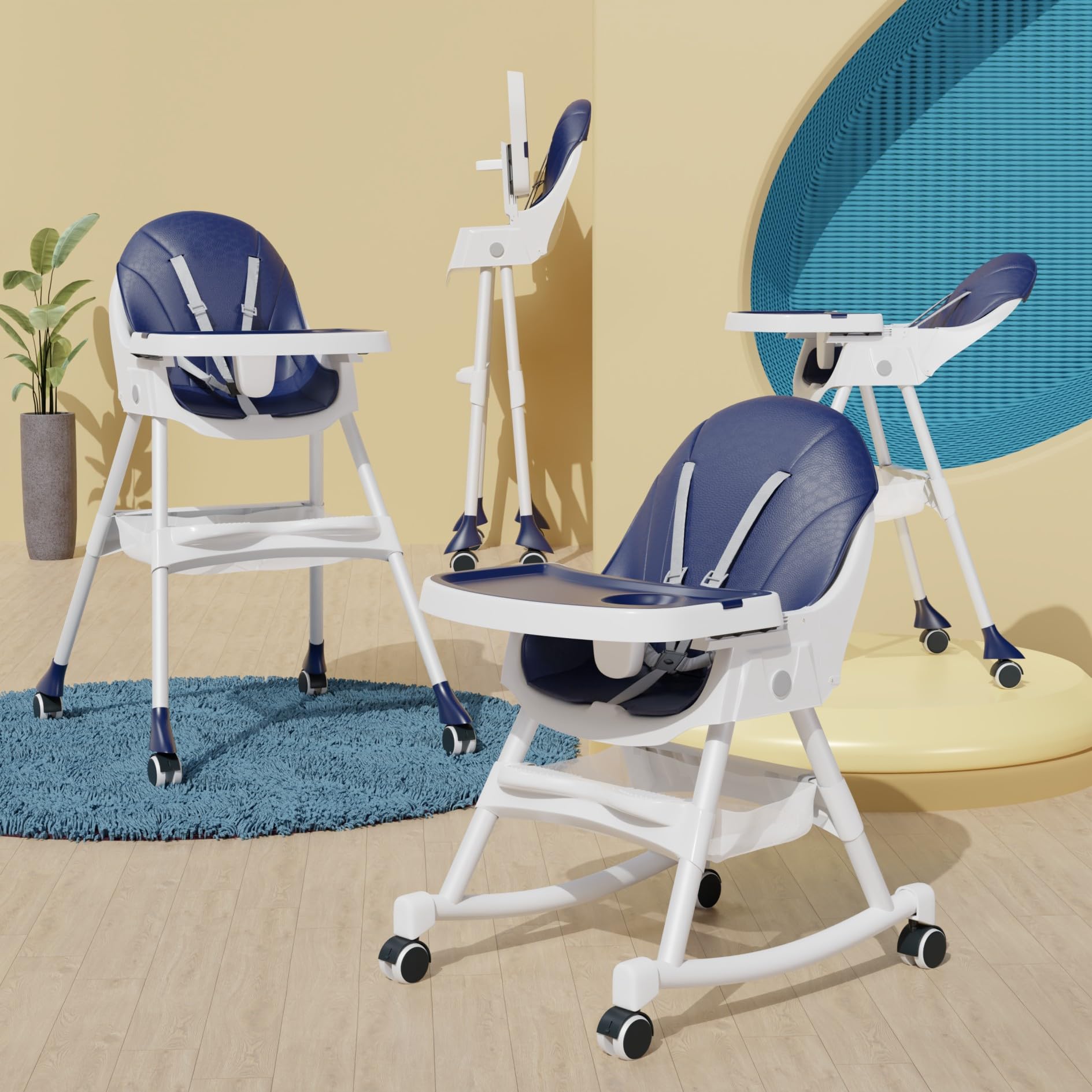 TONY STARK 5 in 1 Latest 2024 Model, Reclining Baby High Chair Foldable, Easy to Clean for Baby, Kids, Toddler (Dark Navy Blue Color with Rocking Attachment)