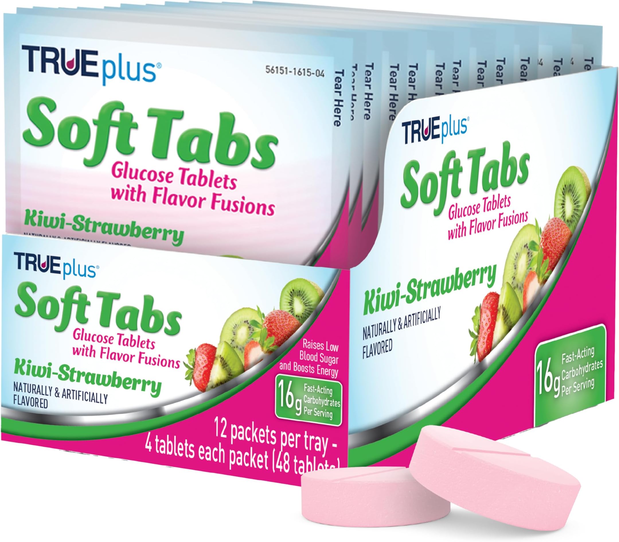 TRUEplus Soft Tabs Glucose Tablets, Chewable, Kiwi Strawberry Flavor, 16g Fast-Acting Carbohydrates, Fat Free, Gluten Free, Raise Low Blood Sugar and Boost Energy, 4 Count, 12 Packs