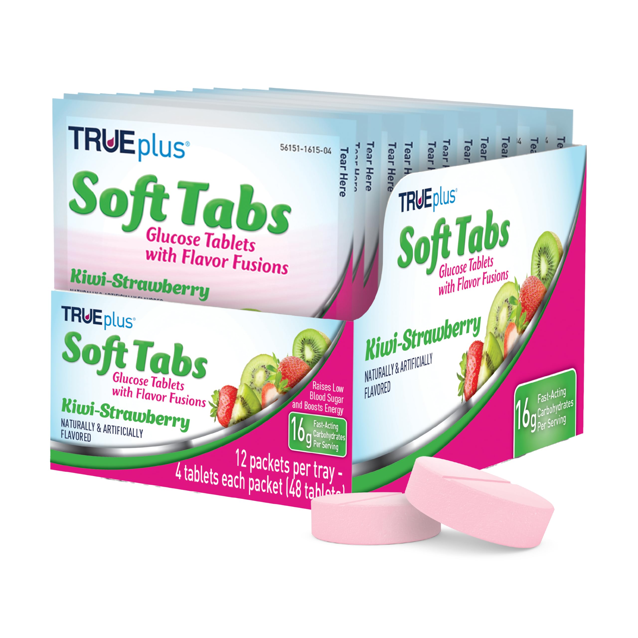 TRUEplus® Soft Tabs Glucose Tablets – 12 Packs – 48 tabs (Kiwi Strawberry)