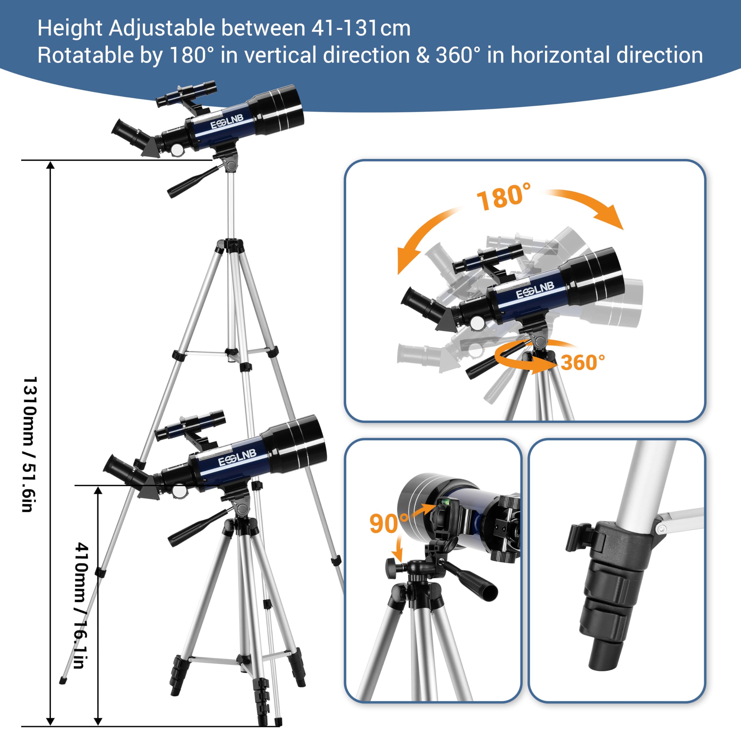 ESSLNB Télescope Astronomique 360/70 pour Adultes Débutants, avec Trépied Ajustable, Adaptateur Téléphonique, Lentille Barlow 3X et Filtre Lunaire, Idéal Observation Lune Planètes