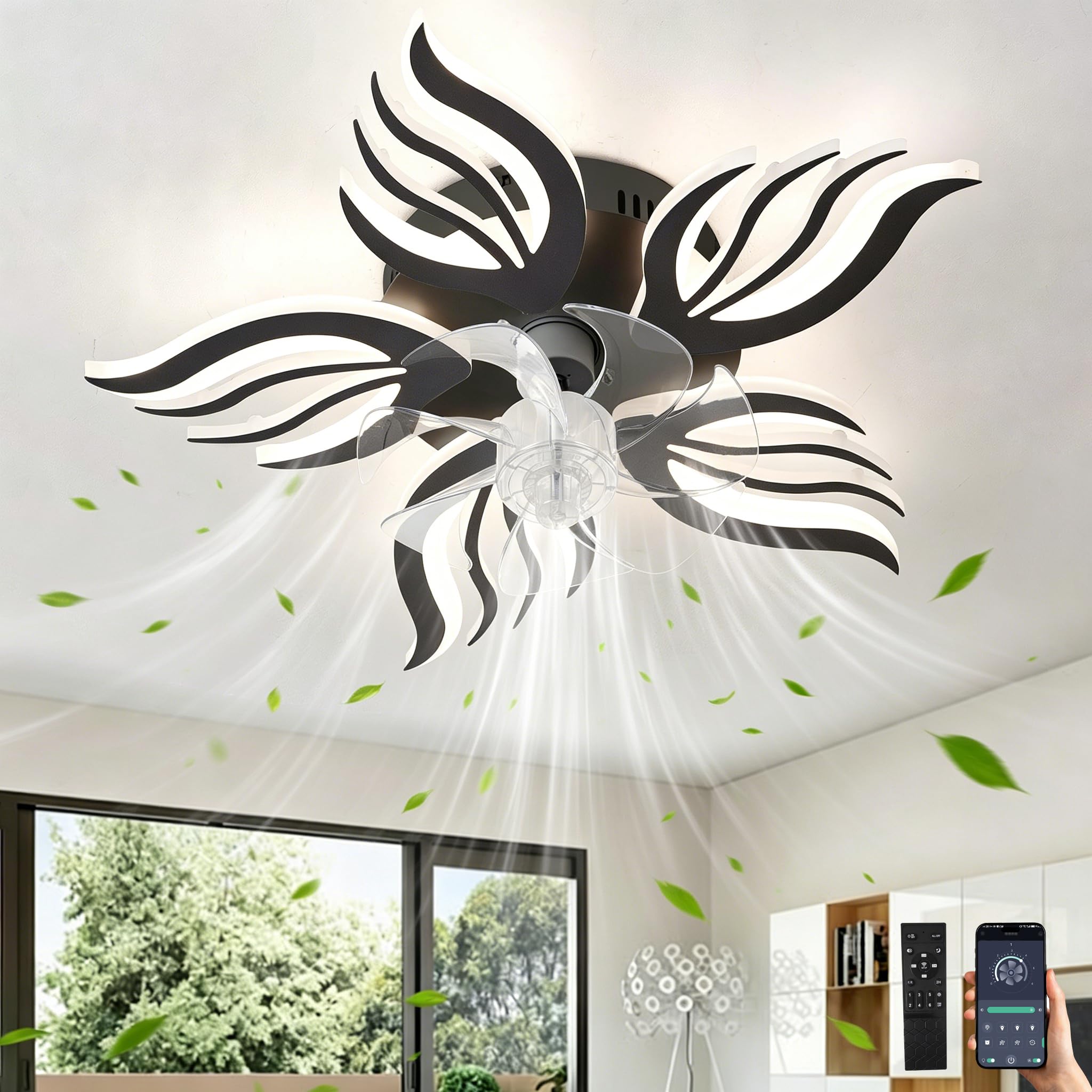Ceiling Fan Lights for Bedroom with Remote Control APP,LED Dimmable Fan and Light Ceiling with Memory Function,6 Speed Reversible Flower Ceiling Fans with Lights with Timer for Living Room, White