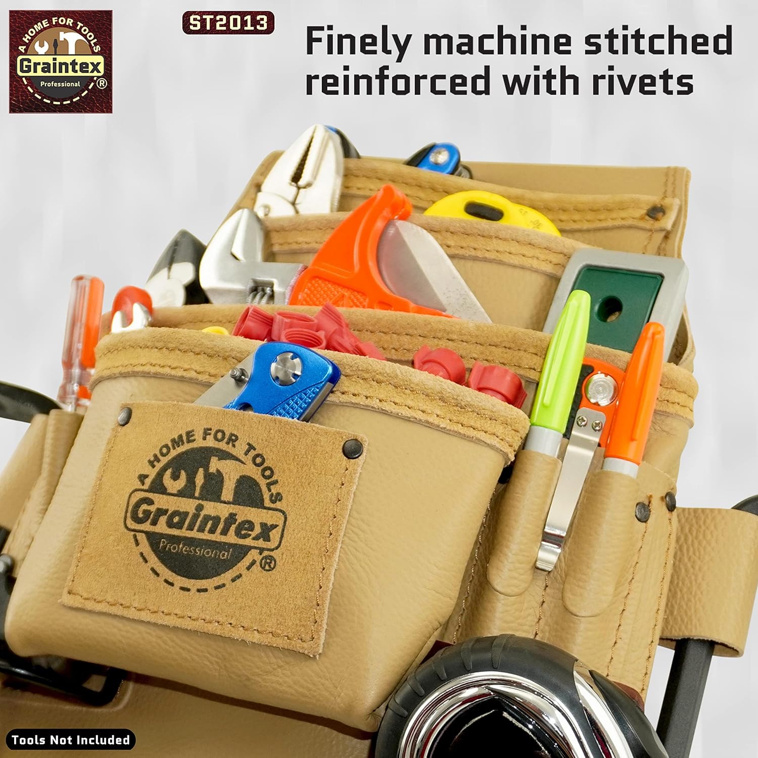Graintex ST2013 10 Pocket Nail & Tool Pouch Rugged Beige Color Top Grain Leather for Framers, Constructors, Electricians, Plumbers, Hnadyman