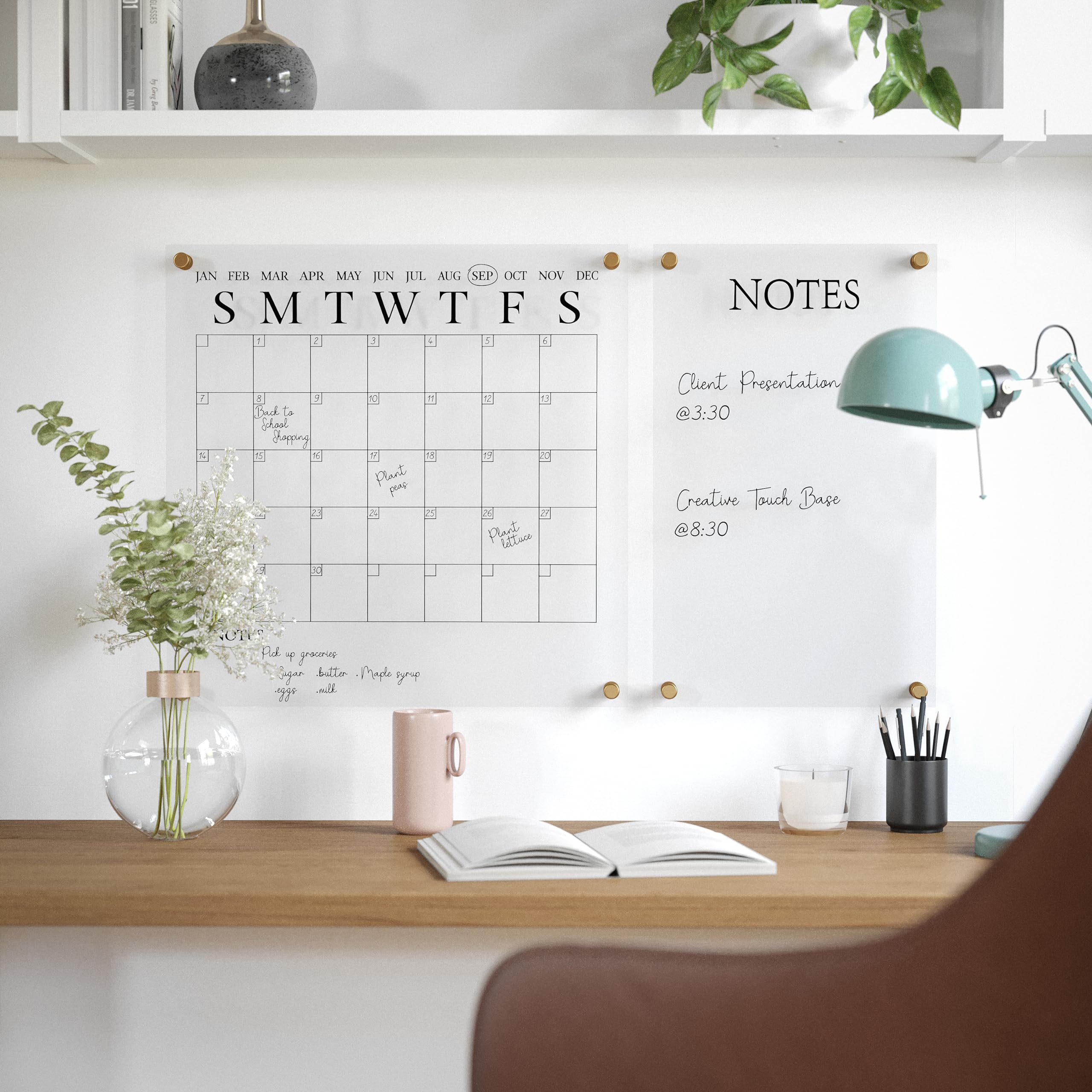 Martha Stewart Grayson Acrylic Wall Calendar and Notes Board with Dry Erase Marker, Clear with Black Print, Set of 2