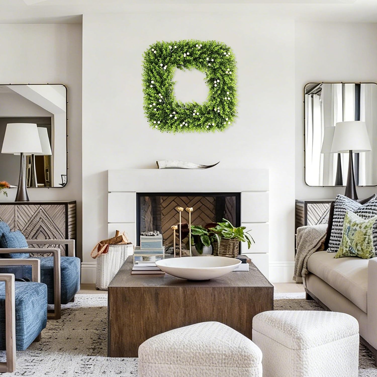 20 Inch Large Boxwood Wreath with White Berries, Spring Summer Artificial Green Wreaths for Front Door Farmhous Wedding Window Hanging Wall All Year Round Indoor & Outdoor