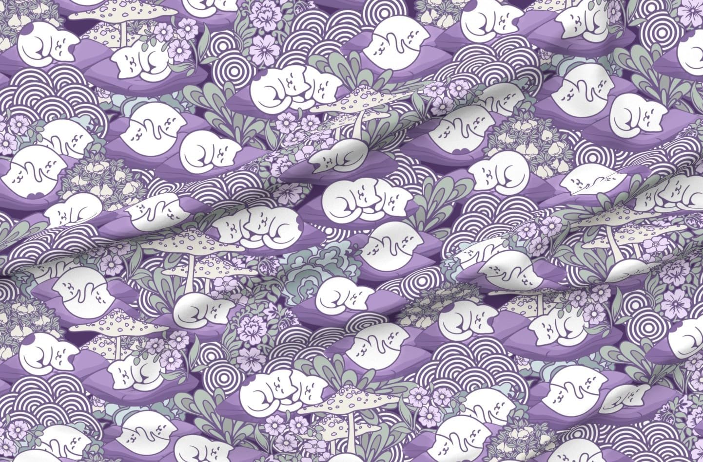 Spoonflower Fabric - Sleeping Cats Whimsical Purple Gray Toadstools Kawaii Kittens Printed on Polartec(R) Fleece Fabric by The Yard - Sewing Blankets Loungewear and No-Sew Projects