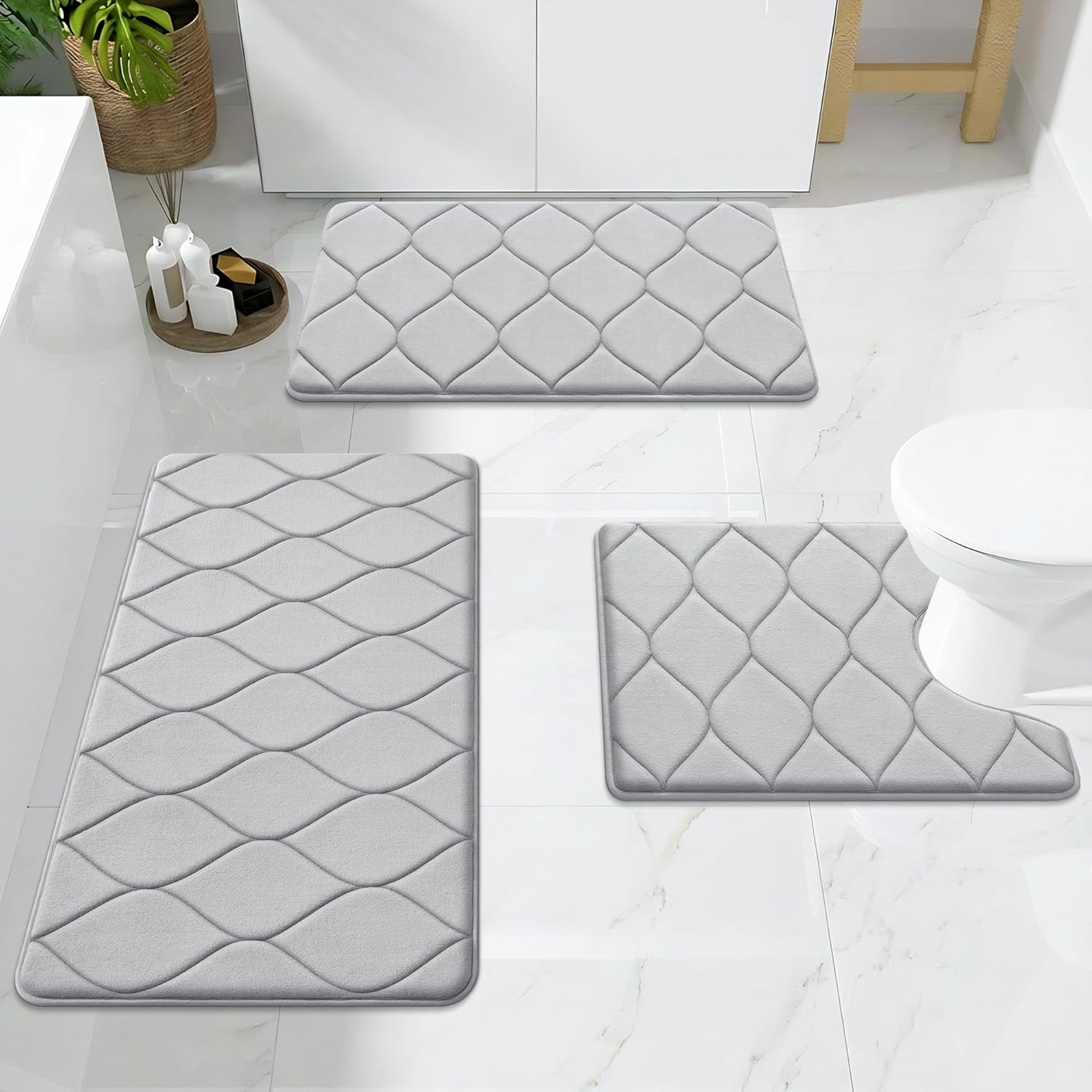 Smiry Memory Foam Bath Mat 30''x20'', Ultra Soft Non-Slip Bathroom Rug, Plush Water Absorbent Quick Dry and Machine Washable Floor Mat for Shower, Tub & Home Decor, Light Grey