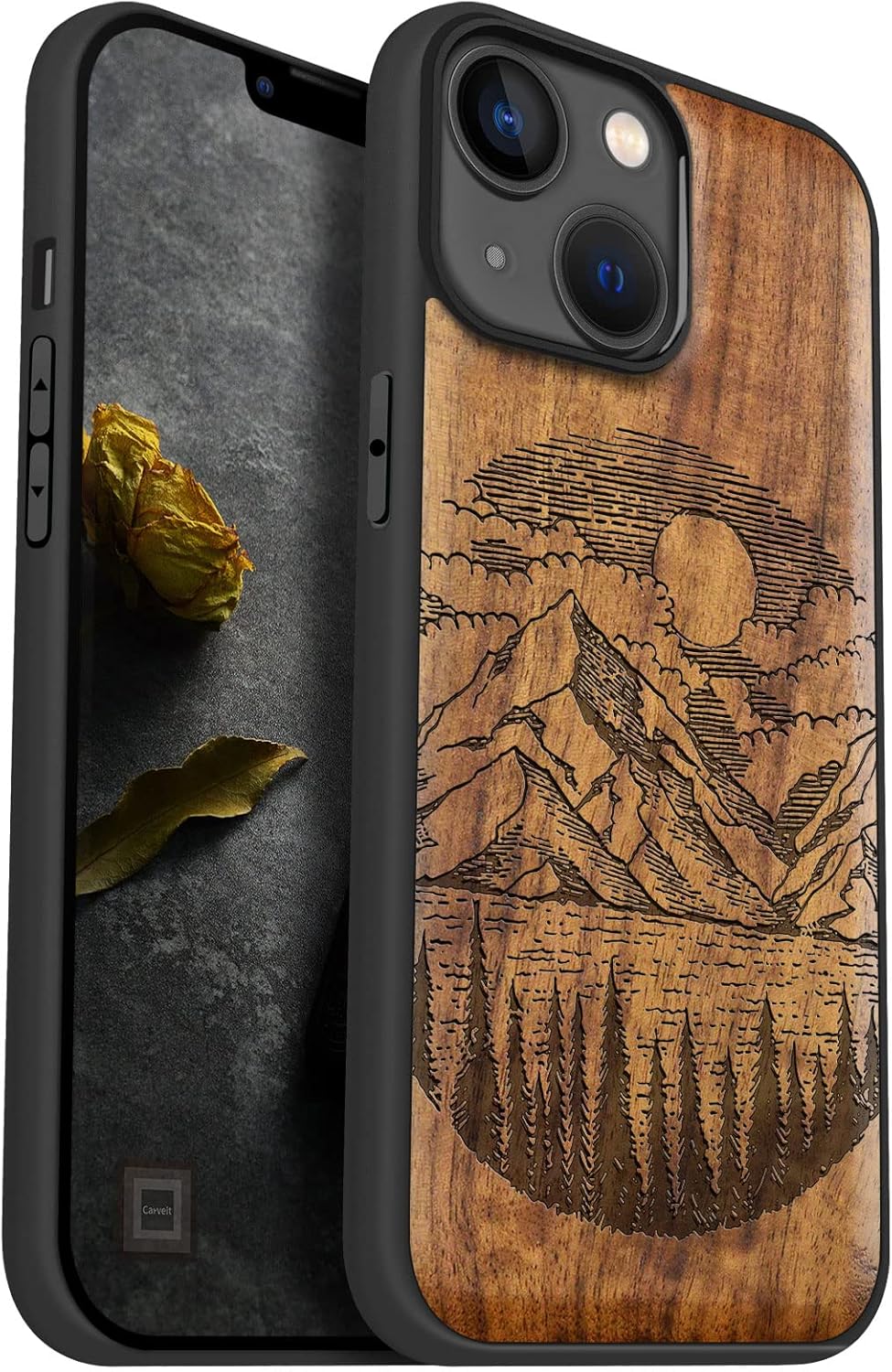 Carveit Magnetic Wood Case for iPhone 14 Case [Natural Wood & Black Soft TPU] Unique & Classy Wooden Shockproof Protective Cover Compatible with magsafe (Alpine Lake -Walnut)