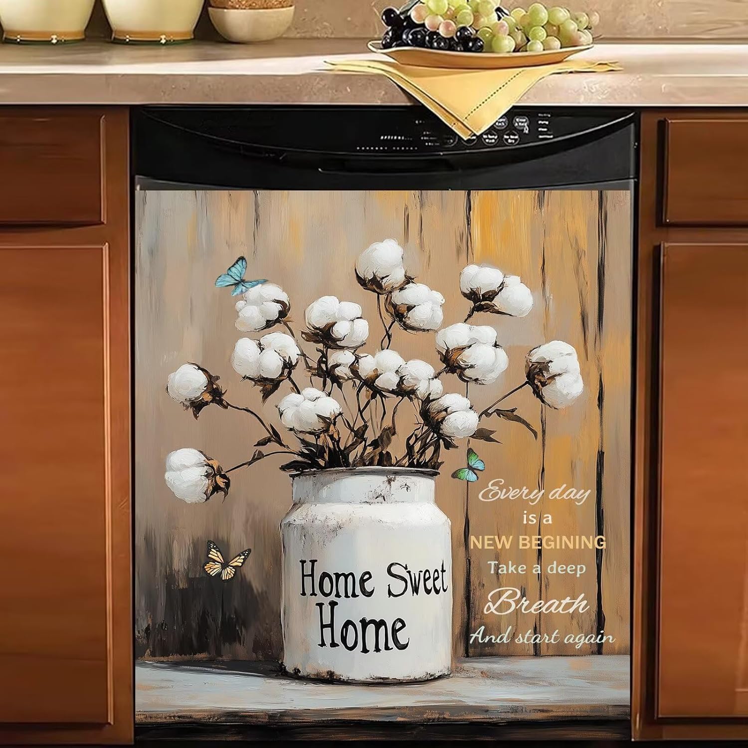 Generic Farmhouse Kapok Flower Dishwasher Magnet Cover,White Cotton Vase Floral Rustic Wood Inspiring Quotes Refrigerator Magnetic Panel Decals,Sweet Home Appliance Sticker Holiday Decor,23Wx26H