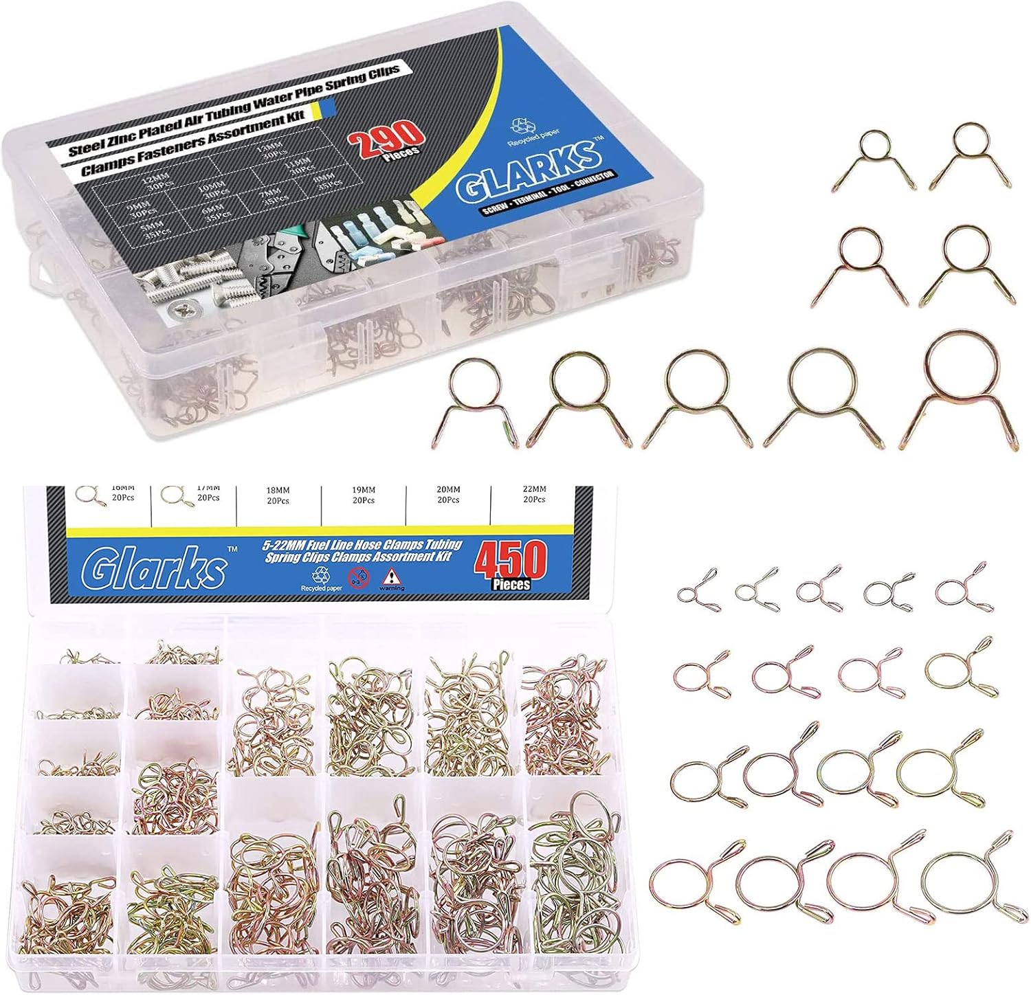 Glarks 290Pcs Fuel Line Hose Water Pipe Air Tubing Spring Clips Clamps Assortment Kit + 450Pcs 17 Szie Fuel Line Hose Clamps Tubing Spring Clips Clamps Assortment Kit