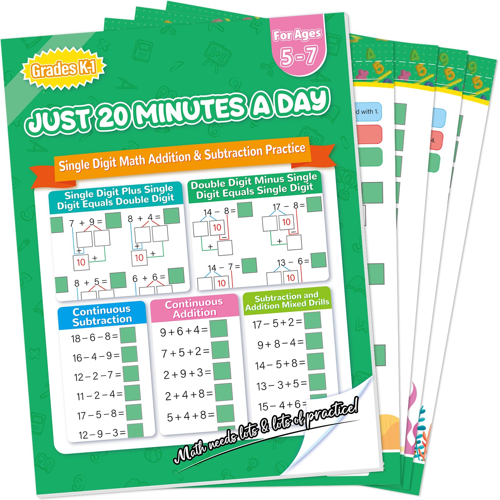 Addition and Subtraction Workbook 1st Grade Math Workbook Math Worksheets Single&amp;Double Digit Numbers Practice Math Worksheets for Home School, 56 Pages Front and Back, 5 Question Types
