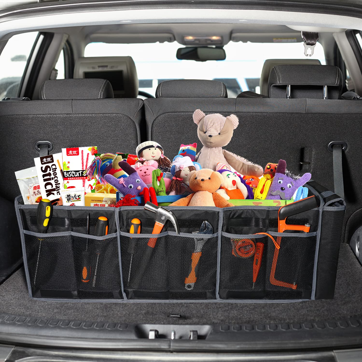 Organizador de maletero de coche con bolsa térmica a prueba de fugas, tapa extraíble, correas de seguridad ajustables, organizador de maletero de 3 compartimentos para coche, SUV, camión, sedán
